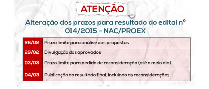 NOTA: Novo cronograma de avaliação e publicação do resultado do Edital UFRN/PROEX/NAC Nº 014/2015; referente à Seleção Pública para Apoio aos Grupos de Arte e Cultura da UFRN, com exercício para o ano de 2016.